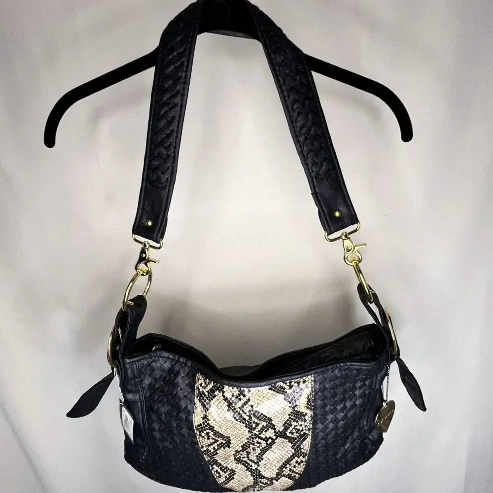 bebe NWT Woven Faux Leather Snake Print Shoulder Hobo Bag Black Gold Charm Y2K